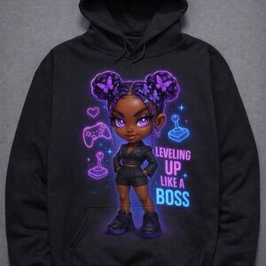Leveling Up Like A Boss Black Hoodie with Neon Purple Gamer Graphic